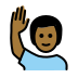 man raising hand, medium-dark skin tone